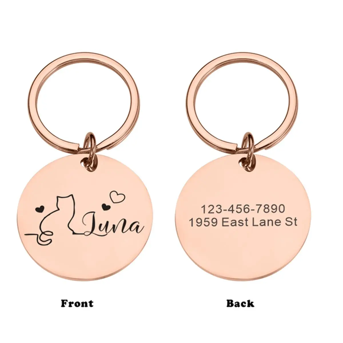 1 Stück Cartoon-Katze mit Liebe, personalisierter Text, personalisierte Erkennungsmarken, Katze, Hund, ID-Tag, Name mit niedlichen Symbolen, personalisierte Haustier-ID-Ta Image