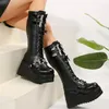 Coole Retro-Punk-Stiefel für Damen, klobige Keile, Metall-Design, Schnürung, PU-Leder, hochwertige Outdoor-Schuhe, Größe 35–43