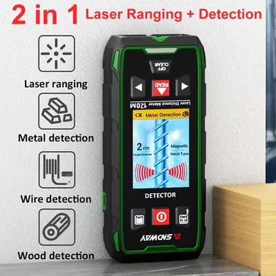 SW-6100GT 2-in-1 Laser Rangefinder Wall Scanner Metal Wood Stud Live Cable Detector 393ft/120M Laser Measurement Distance Meter