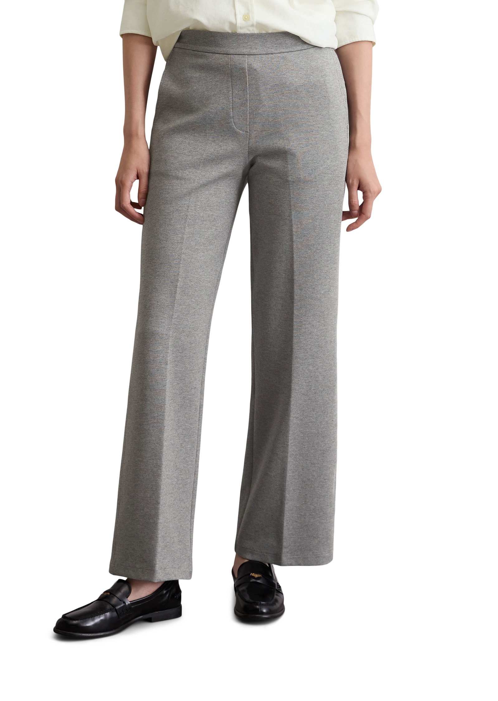 Jerseyhose MARC O'POLO "aus Interlock-Qualität", Damen, Gr. 44, Normalgrößen, grau (light grau melange), Obermaterial: 78% Baumwolle, 18% Polyester, 4% Elasthan, unifarben, regular fit normal, Hosen Jerseyhose