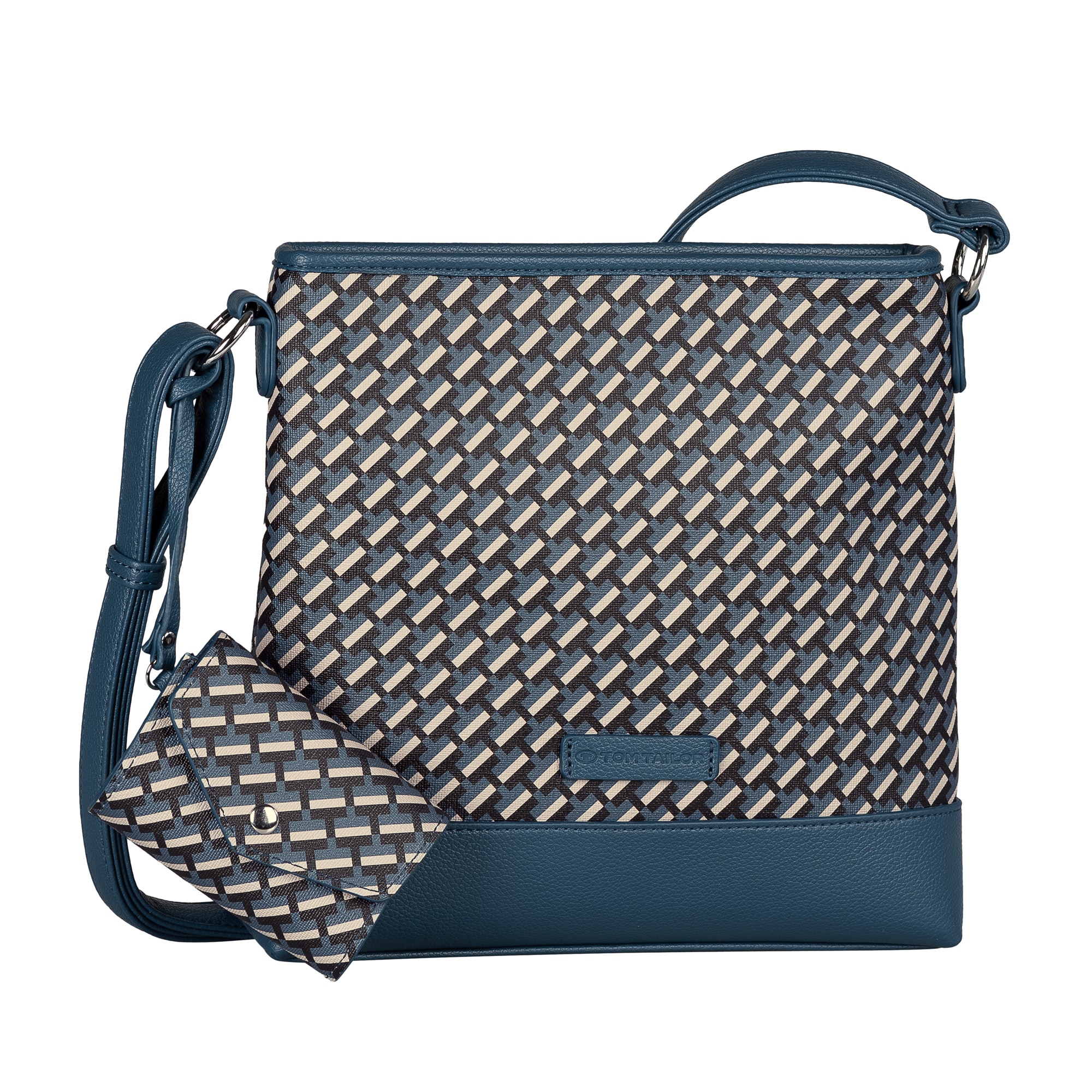 Umhängetasche TOM TAILOR "Xenia", Damen, Gr. B/H/T: 25cm x 25cm x 6,5cm, blau, Polyurethan, gepflegt, mehrfarbig, Taschen Umhängetasche, mit raffiniert geometrischen "T" Print des Logos auf dem Taschenkörper