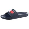 Badepantolette TOMMY JEANS "TOMMY JEANS POOL SLIDE ESS", Herren, Gr. 46, blau (dunkelblau), Synthetik, sportlich, Schuhe Badelatschen Pantolette, Sommerschuh, Poolslides, Schlappen, mit plakativer Logoflag