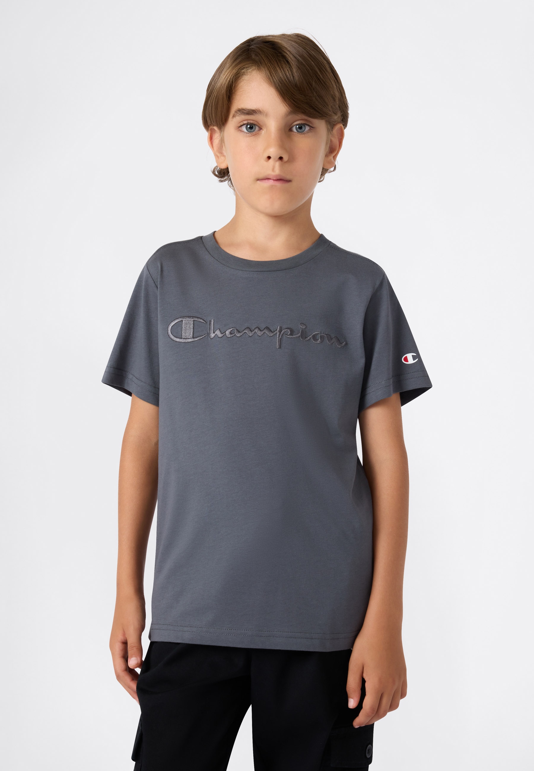 T-Shirt CHAMPION "ICONS TONAL Crewneck T-Shirt with Large Logo", Kinder, Gr. XXL (176), schwarz (fgy), Obermaterial: 100% Baumwolle, Sportlich, Shirts Image