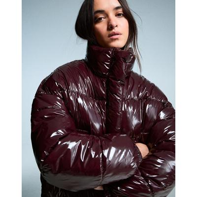 Bershka Vinyl-Effect Puffer Jacket Women Xs Burgundy