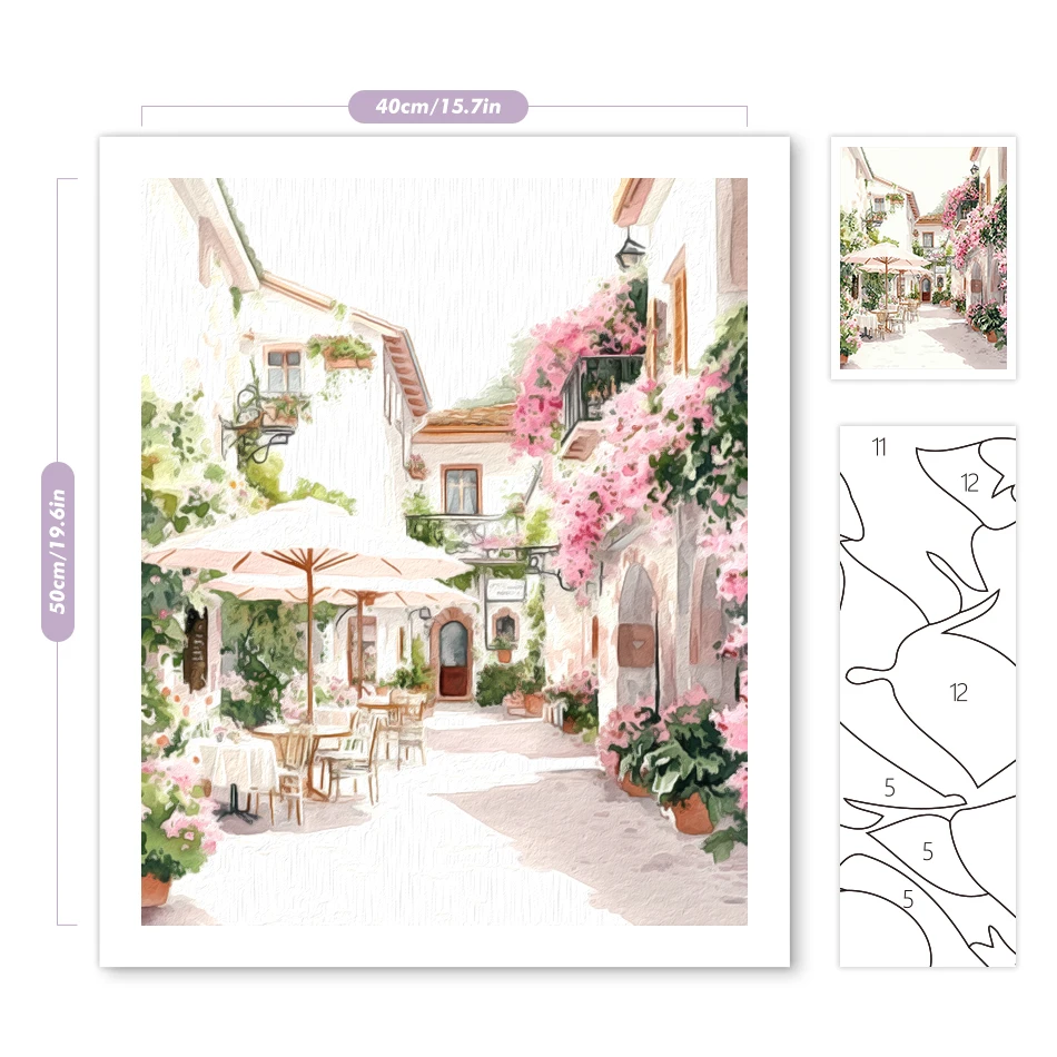 Gemälde zum Malen nach Zahlen, kleine Stadtarchitektur, Aquarell, zum Ausmalen für Erwachsene, handgefertigte Ölkunst-Farbmarkierungen-Sets Image