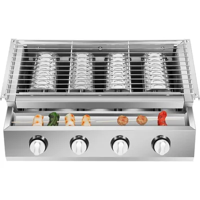 4-Brenner-Gasgrill, Edelstahl-Tischgrill, 56 x 23 cm, tragbarer Gasgrill, kleine Grill-Bratschale mit 4 Stahlplatten