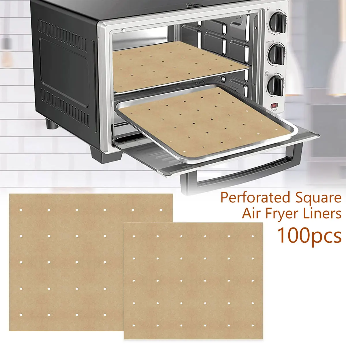 100 Stück Luftfritteusen-Papier, ungebleichte Luftfritteusen-Pergamentpapier-Pads, hochtemperaturbeständige, perforierte, quadratische Luftfritteusen-Pads für Image