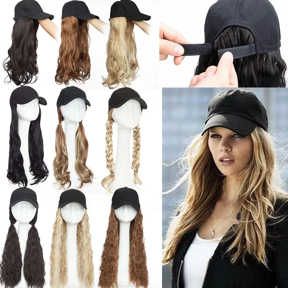 Snoilite synthetische lange gewellte Baseballkappe mit Haarverlängerung, integrierte Mütze für Frauen und Mädchen, tägliche Frisur-Perücke Image