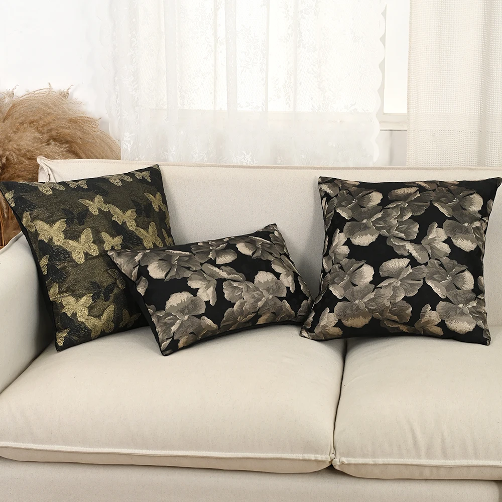 BUYNOW Schwarzer niederländischer Samt, bunter Hanf-Jacquard-Druck, Kissenbezug, Vintage-Stil, pastorale Spitze, Sofa-Kissenbezug, Heim- und Schlafzimmerdekoration Image