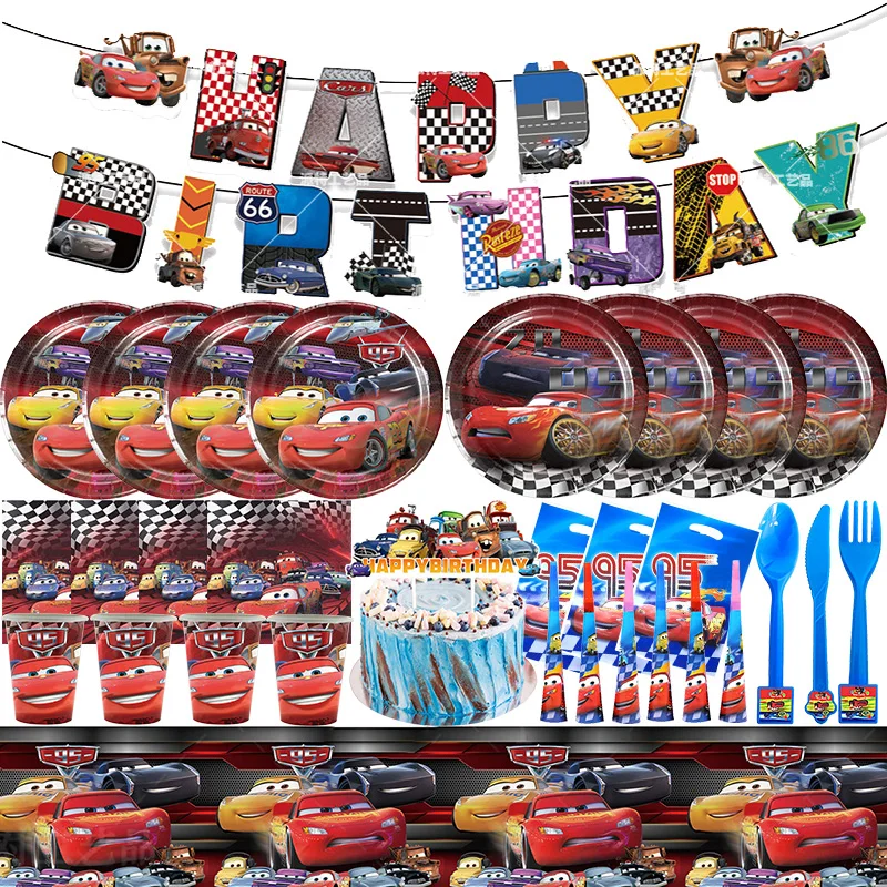 Decorazioni per feste di compleanno per auto Set di stoviglie Palloncini Bicchieri di carta Piatti Tovaglie Tovaglioli Banner per decorazioni per feste di compleanno per bambini
