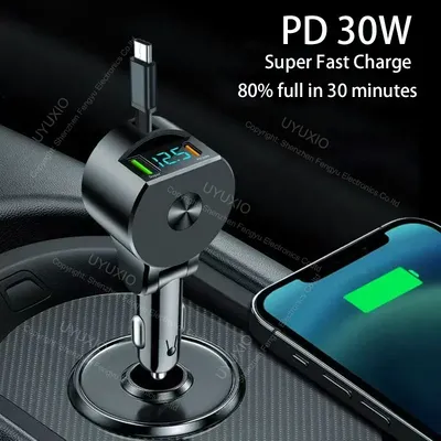 UYUXIO USB C Autoladegerät Typ C mit einziehbarem Kabel 65 W Superschnellladung mit Spannungsanzeige für MacBook iPhone 16 Samsung Image