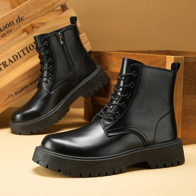 Schwarz Männer Leder Stiefel Outdoor Winter Herren Stiefeletten Luxus Marke Mode High Top Casual Schuhe Street Style Motorrad Boot
