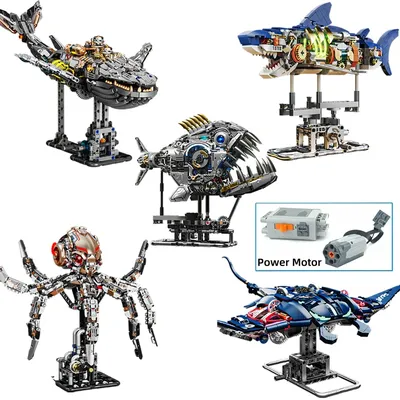 Gelenkige mechanische Ozean Tiere Bausteine Set beweglichen Wal Oktopus Hai Manta Piranha kreative MOC Desktop Geschenk Image