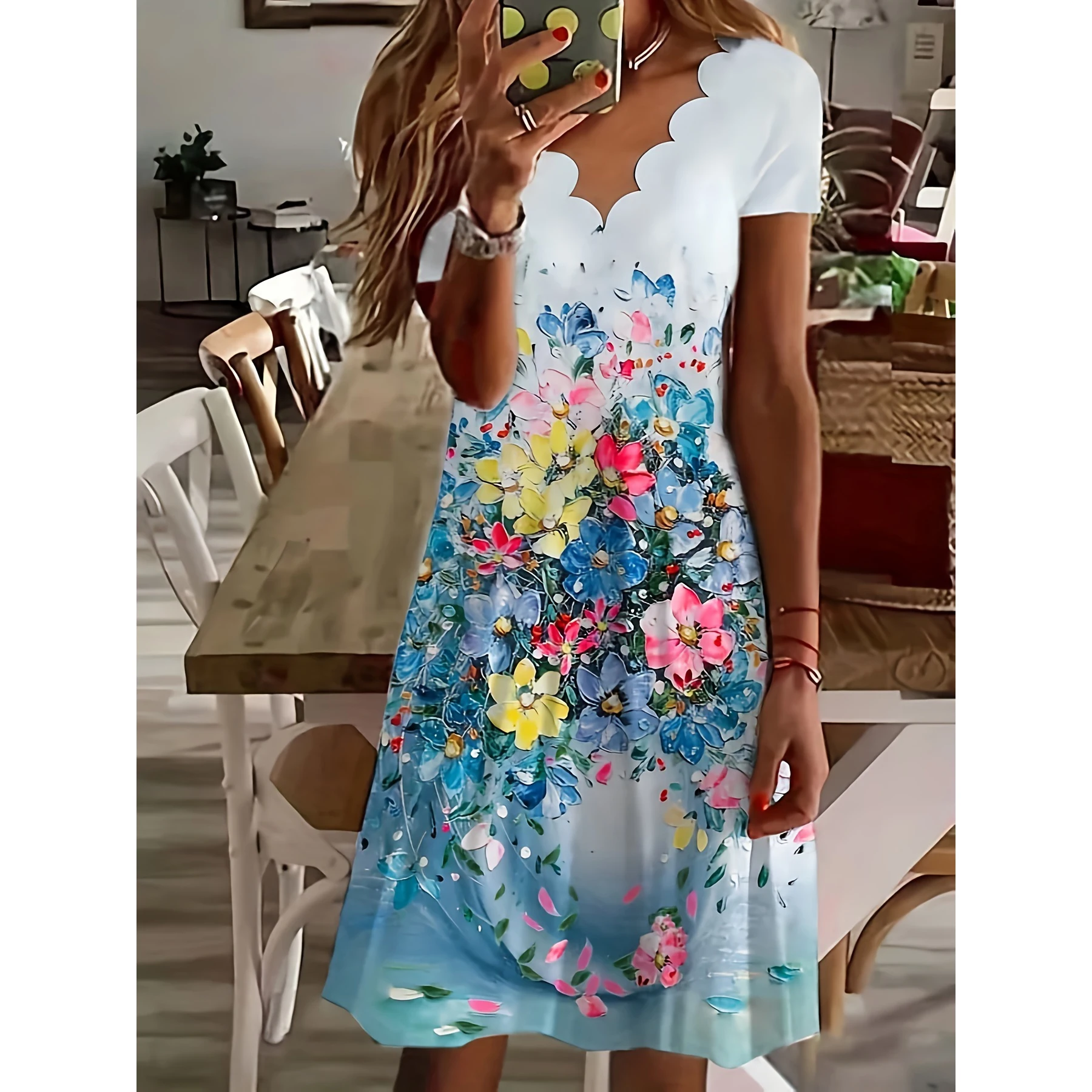 3D Blumendruck Neues lässiges Kurzarm-langes Kleid Damen V-Ausschnitt bedrucktes Kleid Swing Bohemian Retro Kleider Image