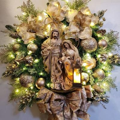 Sacred Christmas Wreath with Lights, Elegant Red Jesus Christmas Wreaths, Christmas Decorations, Outdoor Christmas Wreath, Artificial Wreath Flocked with Mixed Decorations for Window Wall Mantel Porch