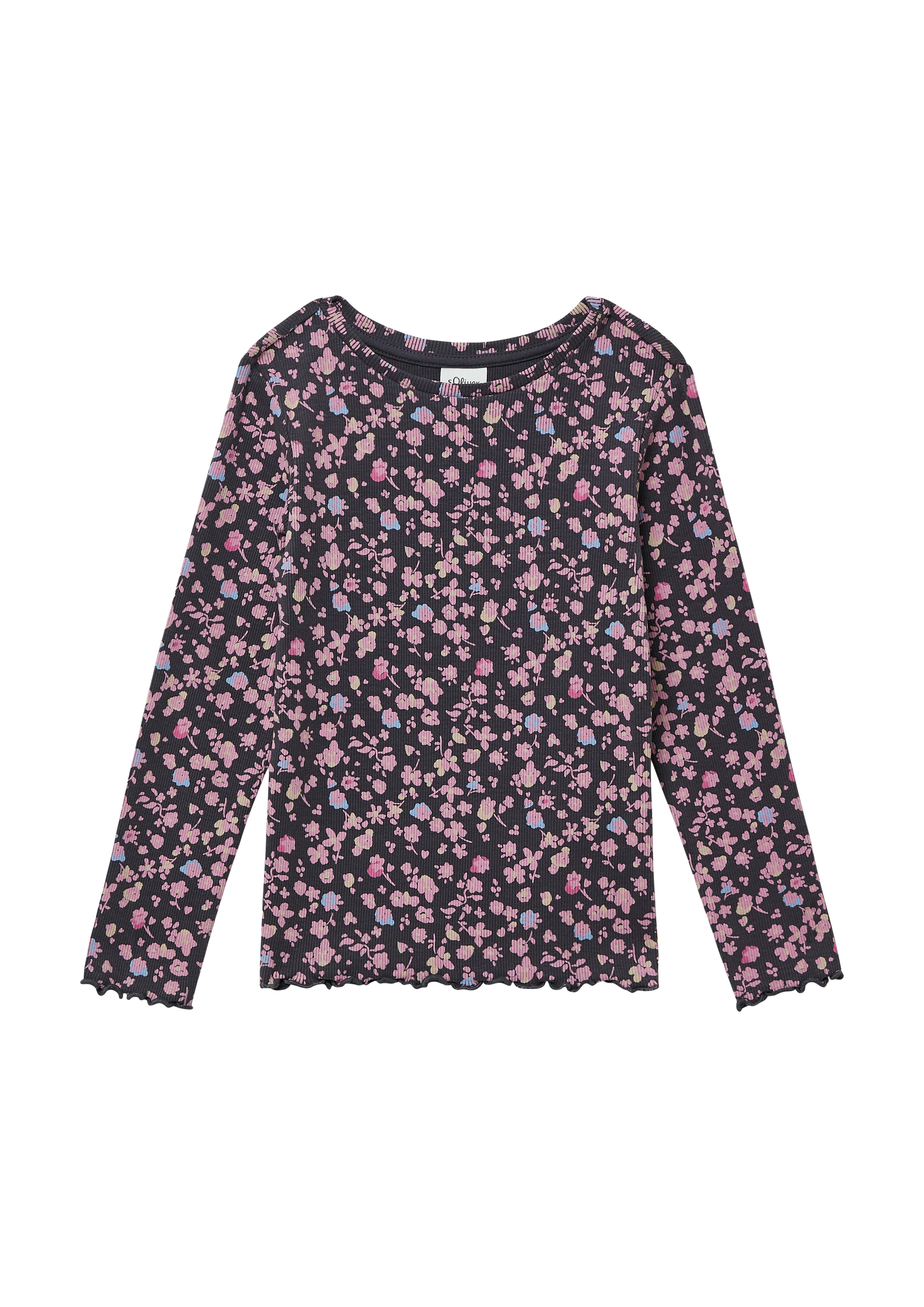 Langarmshirt S.OLIVER JUNIOR, Mädchen, Gr. 116/122, grau (anthrazit), Jersey, Obermaterial: 95% Baumwolle, 5% Elasthan, bedruckt, Casual, slim fit normal, Rundhals, gewellter Abschluss, Shirts, mit All-Over Print