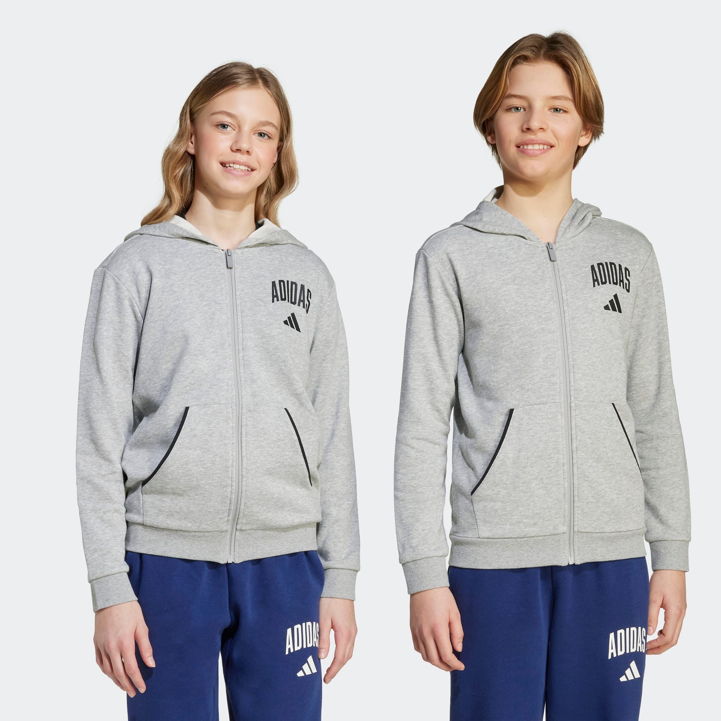 Kapuzensweatshirt ADIDAS SPORTSWEAR "J CLGT FT FZ", Kinder, Gr. 176, schwarz (medium grau heather, schwarz), Obermaterial: 70% Baumwolle, 30% Polyester, Rundhals, Sweatshirts Image