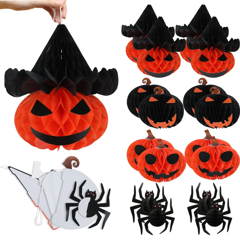 8 Teile/satz 3D Spinne Kürbis Waben Ball für Halloween Party Dekoration Hängen Papier Laterne Handwerk Hause Indoor Outdoor Decor Image