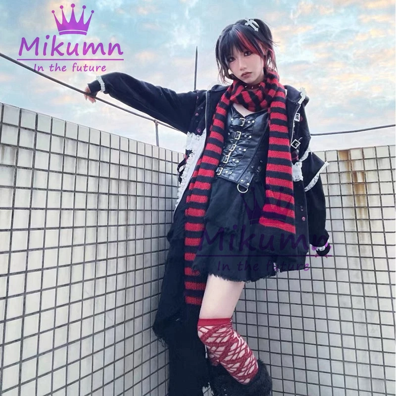 Mikumn Harajuku Punk Mode Grau Rot Schwarz Gestreiften Schal Frauen Mädchen Winter Warme Gestrickte Schals Streetwear