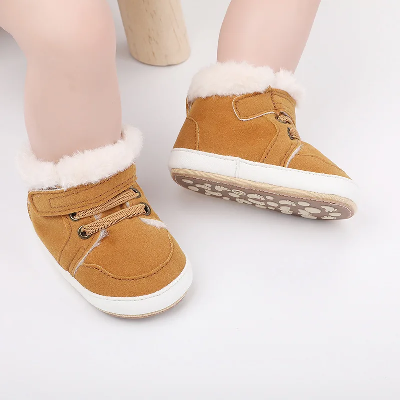 Winter Neue Baby Schuhe Und Stiefel Einfarbig Plüsch Warme Weiche Nicht Slip Gummi Sohle Neugeborenen Baby Lernen Zu Gehen Image