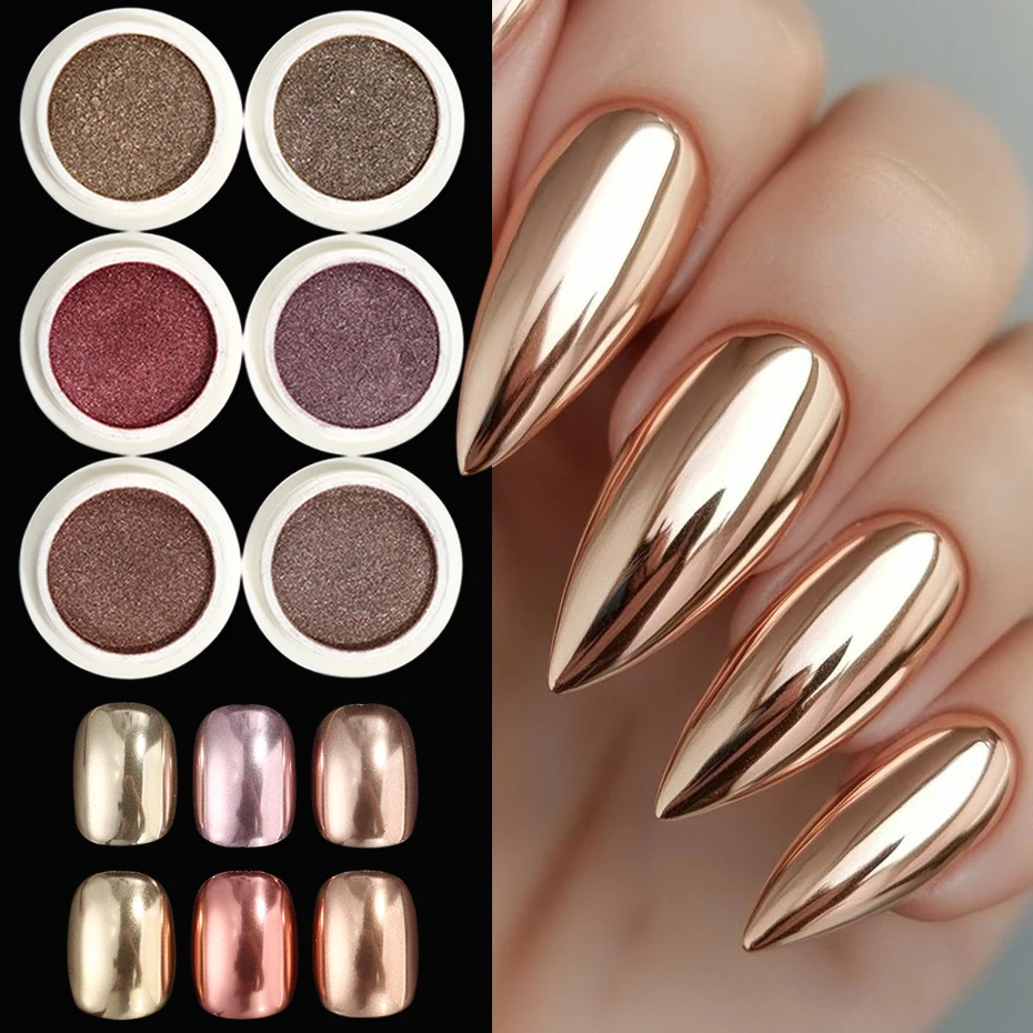 6-Farben Gold Rosa Metallic Pulver für Nagel Spiegeleffekt Champagner Gold Pailletten für Nägel Herbst Winter Chrom Nail Art Supplie Image