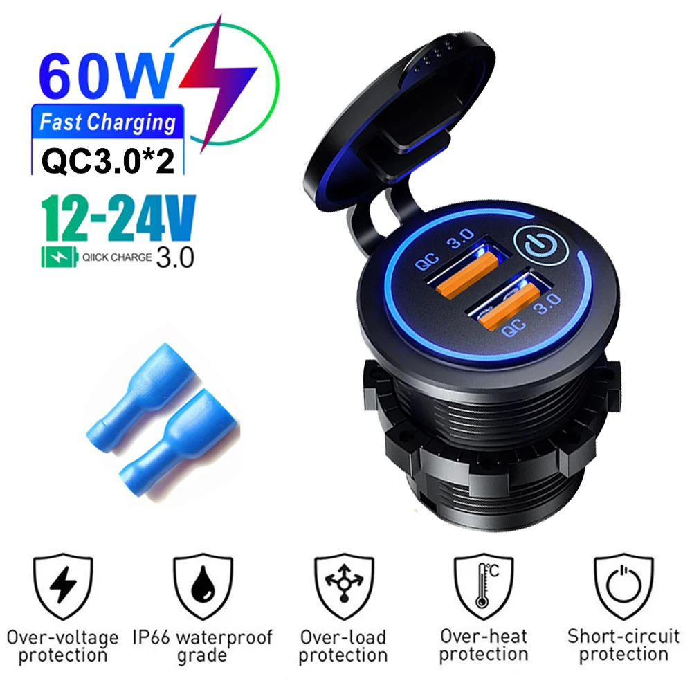 Auto Ladegerät QC3.0 Dual USB Zigarette Leichter Buchse Wasserdicht Mit Touch Schalter Schnell Lade Adapter 12/24V Auto zubehör Image