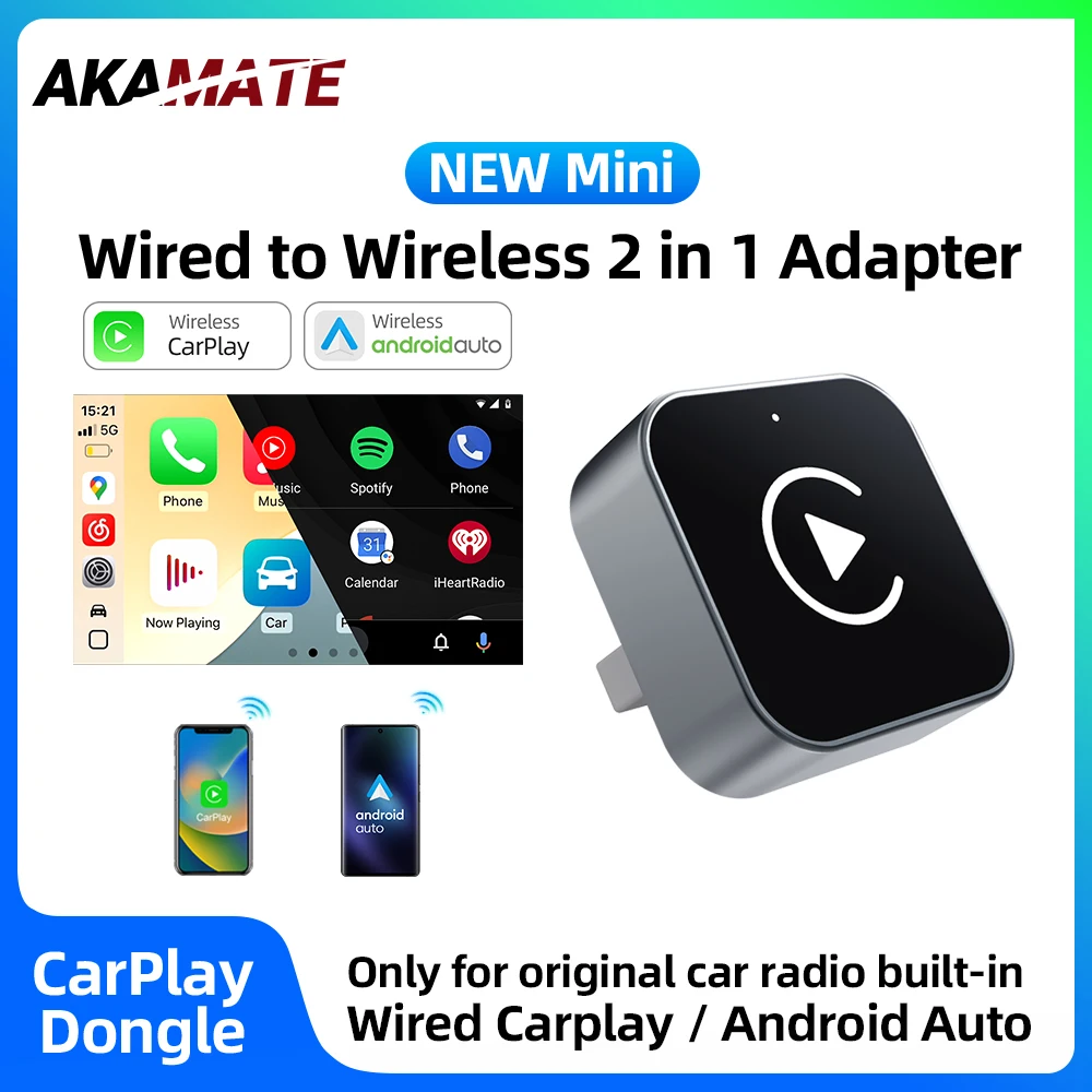 Neuer Mini 2in1 verkabelt auf kabellosen CarPlay Android Auto Adapter USB Plug and Play Universal für VW Toyota Nissan Audi Honda Volvo Image