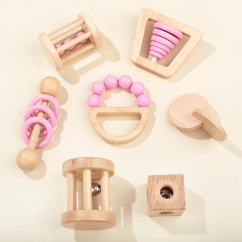 Montessori Holzspielzeug Bunte Baby Rassel Set Sichere Lebensmittelqualität Holz Rassel Schnuller Armband Set Kleinkind Spielzeug Glocke Geschenk Image