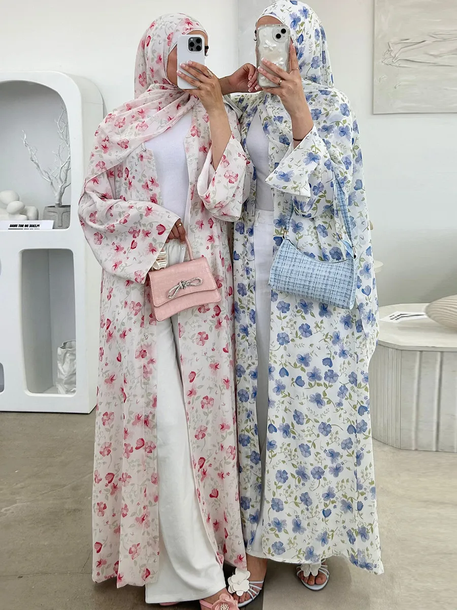 Muslimische Frauen Dubai Abaya Luxus Doppelschichtiges Chiffon-Druck Hijab-Kleid Kaftan Ramadan Robe Femme Islam afrikanische Kleider Kebaya Image