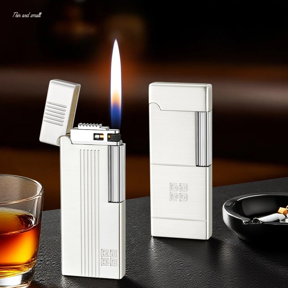 Feuerzeug aus dünnem Metalllegierungsmaterial sorgt für tiefe Schnitztechnologie, galvanisierte Schleifscheibe, Feuerzeug mit offener Flamme, Geschenke für Männer Image