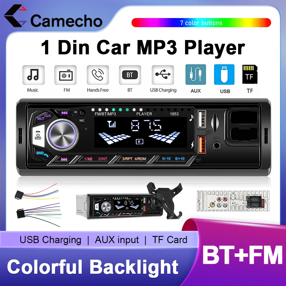 Camecho 1 Din In-Dash Auto-MP3-Player Bluetooth FM Radio Unterstützung TF-Karte/USB-Aufladung AUX-IN Autoradio mit Telefonhalter Image