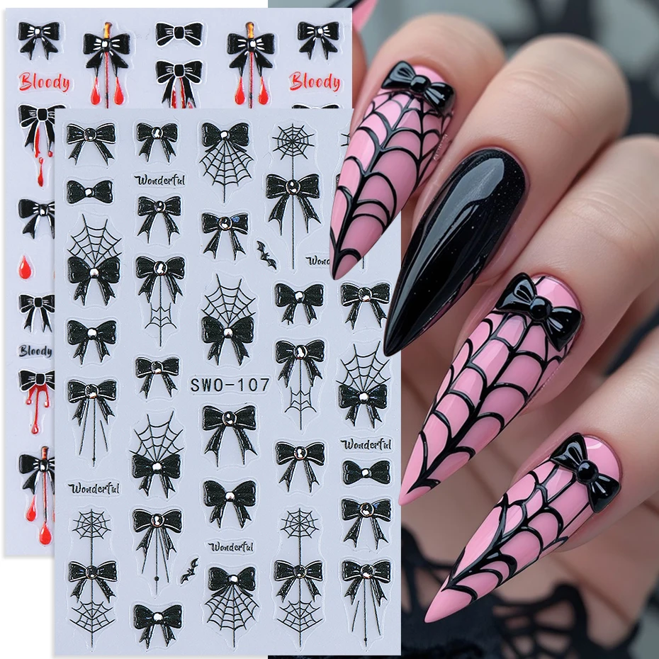 2 Stück Halloween Nagelaufkleber Y2K Schwarze Schleife Spinnennetz Blutstropfen Strukturierte selbstklebende Nagelaufkleber DIY Maniküre Dekoration Tipps Image