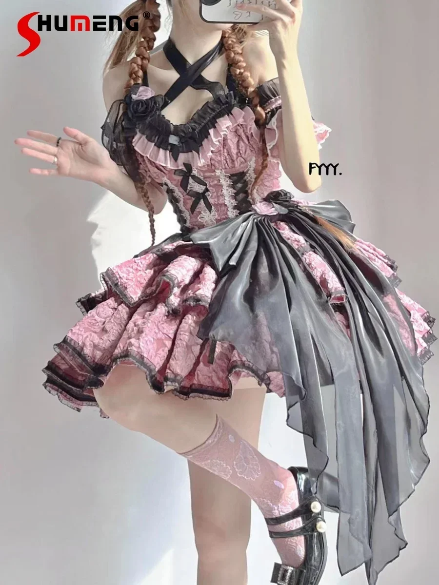 Original Gothic Schwarz und Rosa Lolita Kleid frauen Slim Fit Elegante Halloween Party Kurzes Kleid Sommer 2025, Vestidos De Mujer
