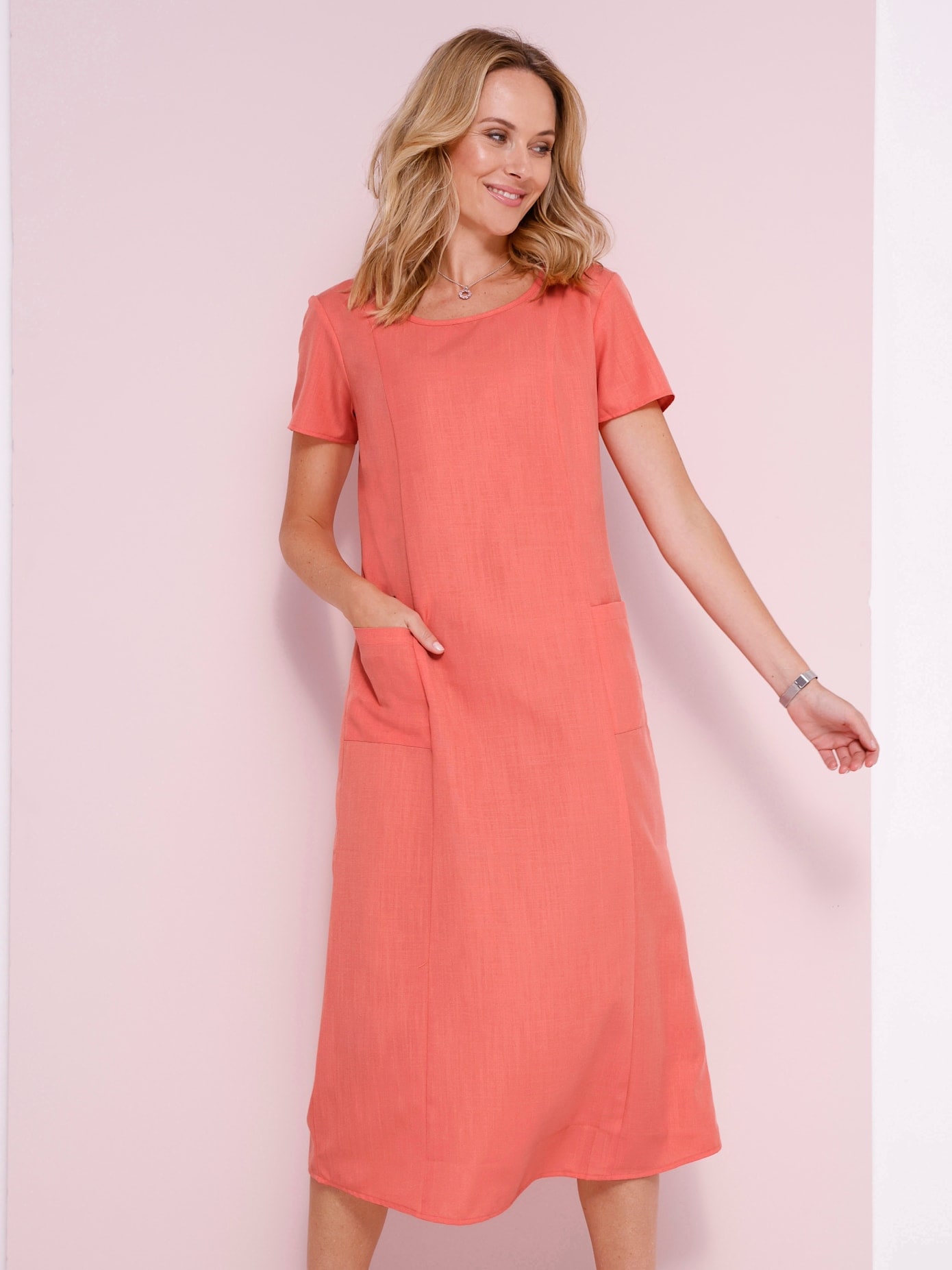 A-Linien-Kleid CLASSIC BASICS "Kleid", Damen, Gr. 54, Normalgrößen, orange (koralle), Web, 100% Polyester, unifarben, Rundhals, Kleider Image