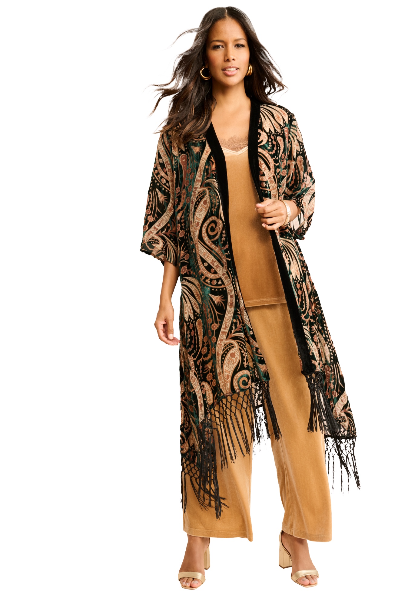 Plus Size Women's Plus Size Burnout Velvet Fringe Duster by Roaman's in Green Paisley (Size S)