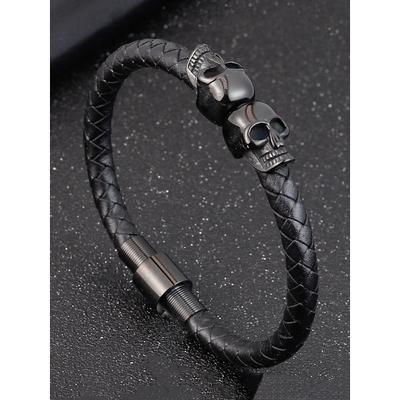 Men's Halloween Skull - Decorated Leather Alloy Bracelet, Gothic Style, Perfect for Festive Parties Edgy Daily Looks
