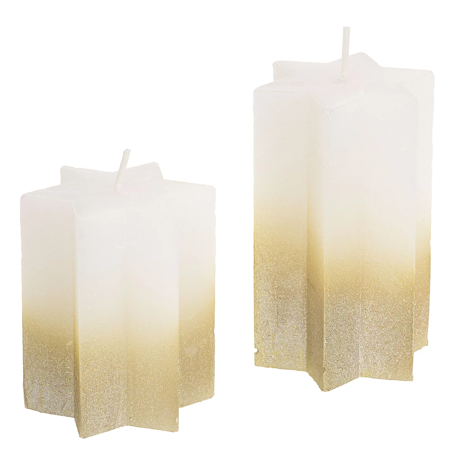 Rustikale Kerzen Stern, weiß/gold-metallic, 12 cm und 9 cm, 2 Stück