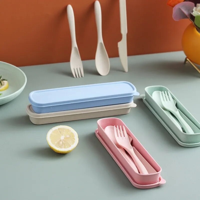 Eco Friendly 3Pcs Dinnerware Set: Knife, Fork, Spoon Portable Travel Cutlery With Utensil Box & Chopsticks Pink