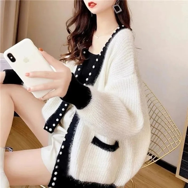 Autumn Winter Thick Warm Chic Beading Sweater Fashion Loose Knitted Coats New Casual Soft Streetwear Women Sweater Autumn Winter Thick Warm Chic Beading Sweater Fashion Loose Knitted Coats New Casual Soft Streetwear Women Sweater White XXXL 65 70kg