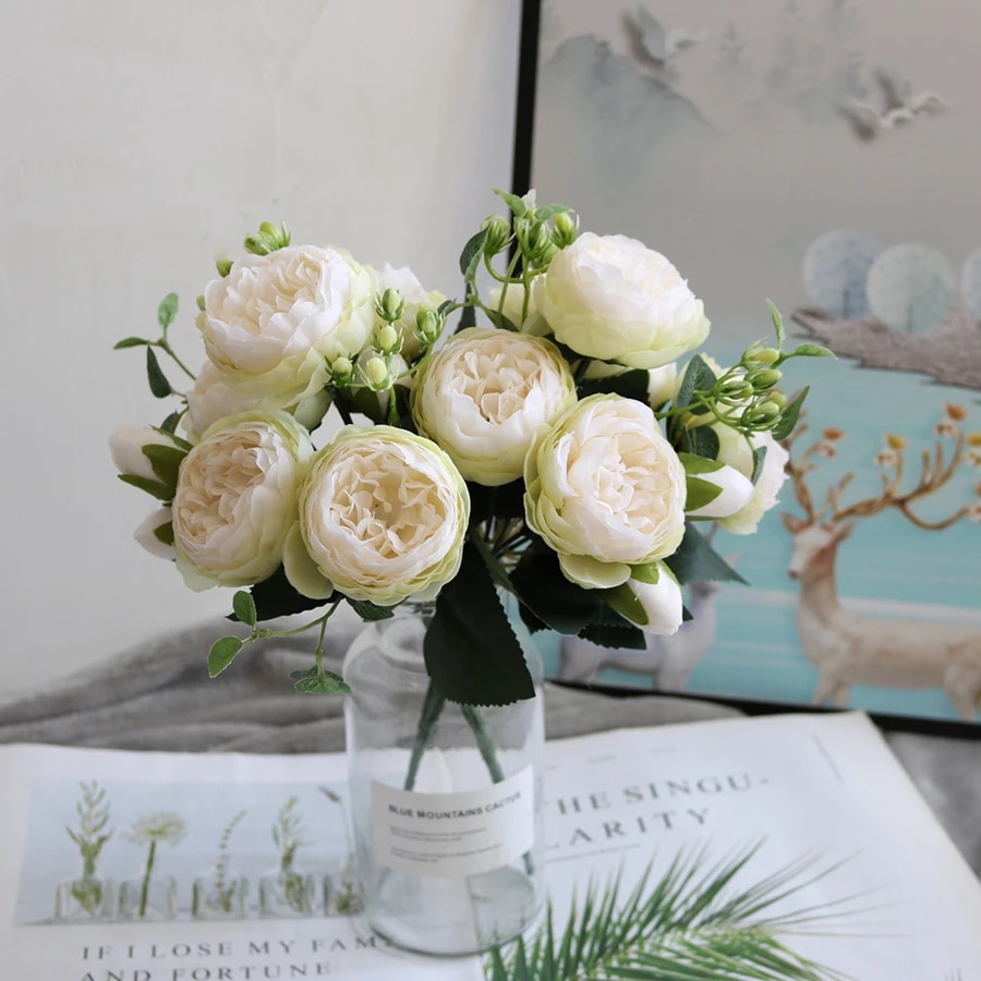 Artificial Peony Bouquet: Silk Rose Vase For Home & Garden Decor | Fake Flowers Yellow