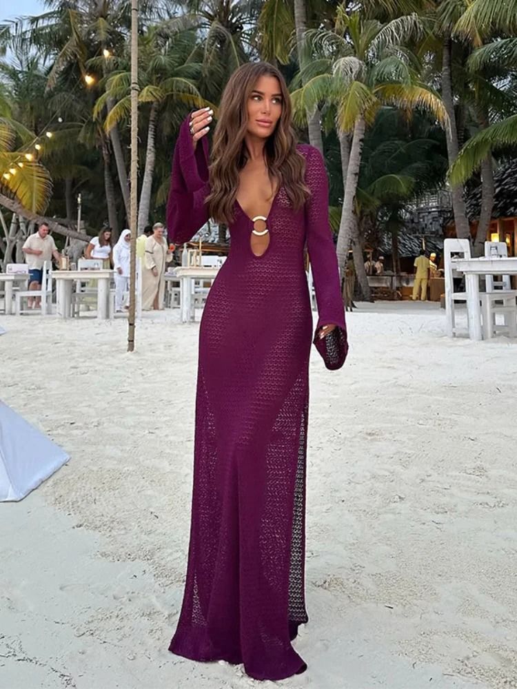 Womens Crochet V Neck Split Beach Dress With Metal Ring Detail And Flared Sleeves For Vacation And Summer Style s black