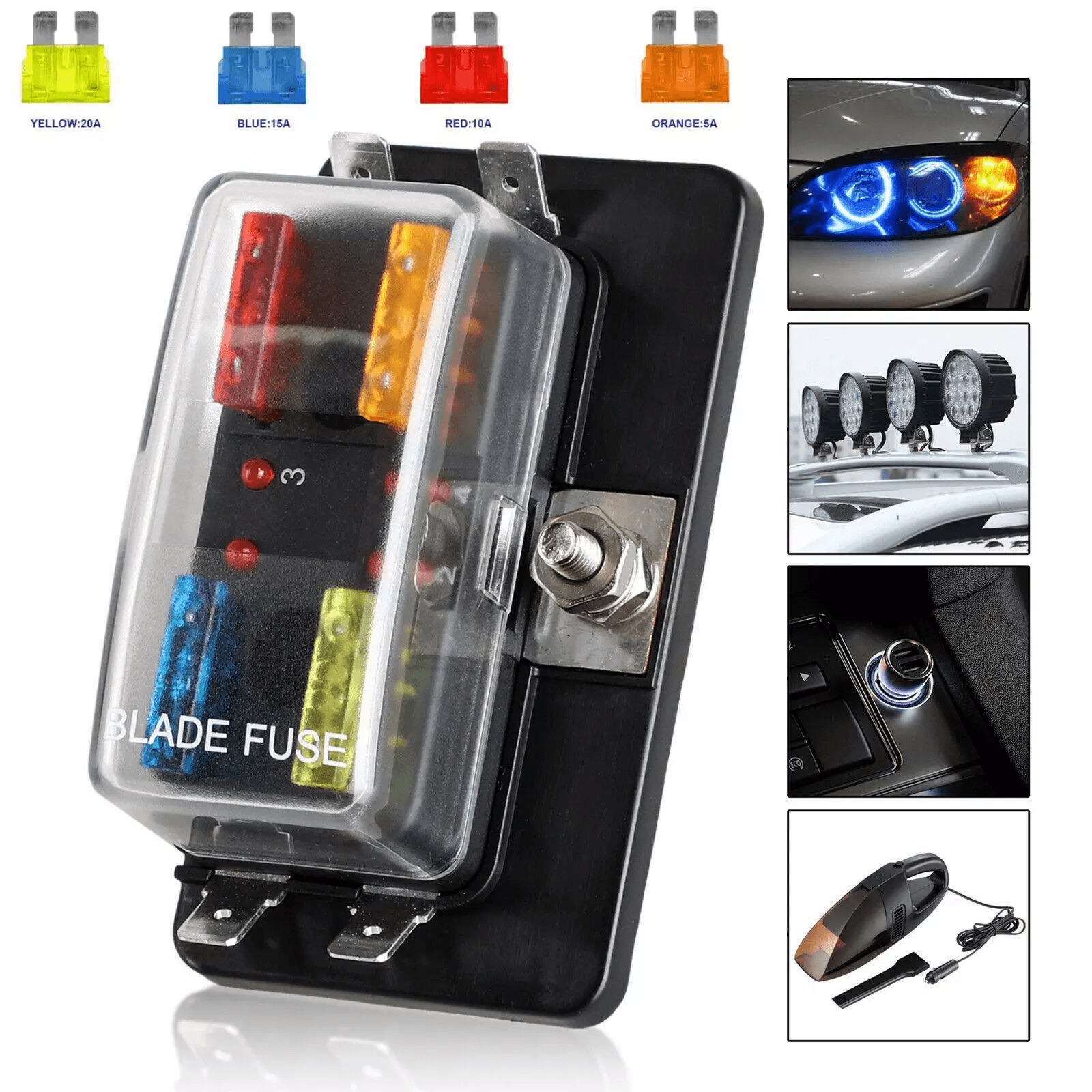 4 Way Blade Fuse Box Holder With LED Indicator For 12V 24V Automotive, Marine, RV, And Boat Applications 4 Way Blade Fuse Box Holder With LED Indicator For 12V 24V Automotive, Marine, RV, And Boat Applications