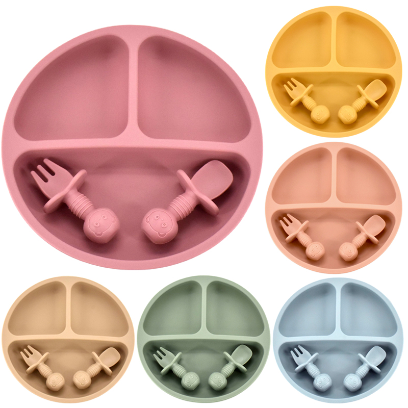 Baby Safe Silicone Dining Set: 4Pcs Cute Cartoon Dishes, Smile Face Kids Tableware Color: Bean Red Set