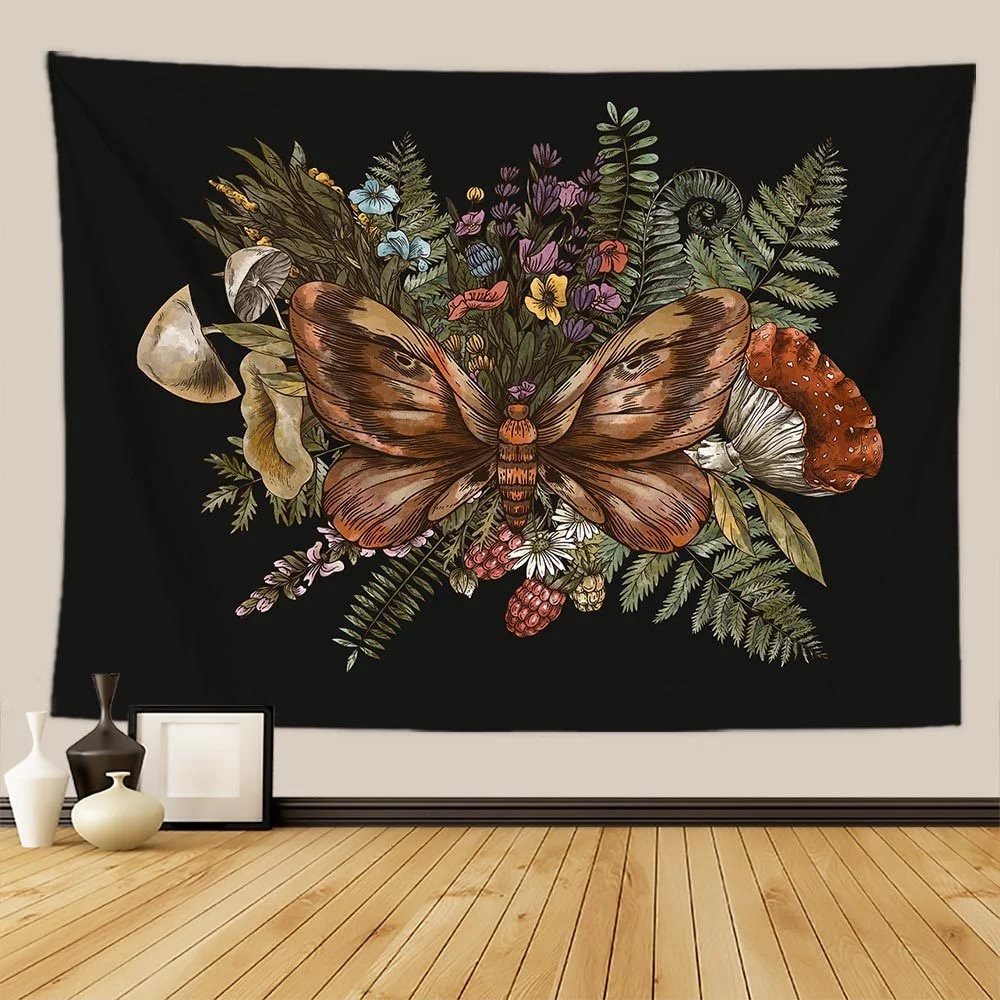 Botanical Print Floral Tapestry: Vintage Boho Mushroom & Wildflower Wall Hanging Colorful Home Decor TGA2973 75x58cm