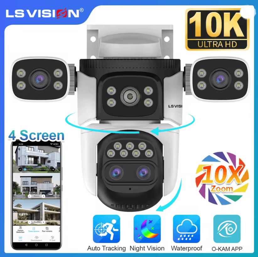 LS VISION 20MP 10X Zoom WiFi Outdoor Security Camera With Four Lens PTZ And Human Auto Tracking 10k 10xzoom Add 64g