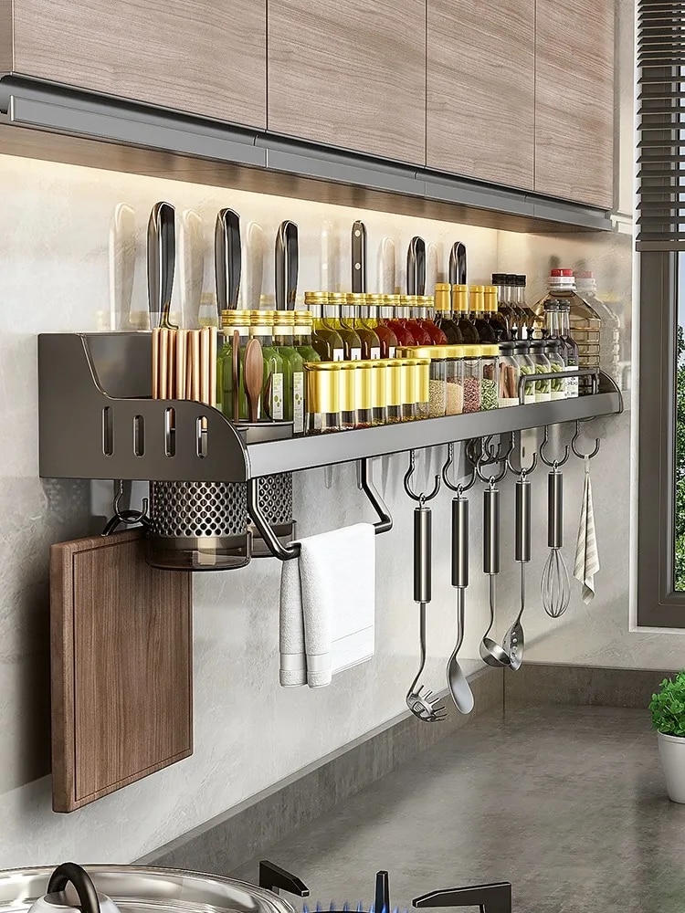 Kitchen Spice Storage & Knife Holder Stand Spice Rack Organizer With Spoon Rest & Hanging Organizers 5