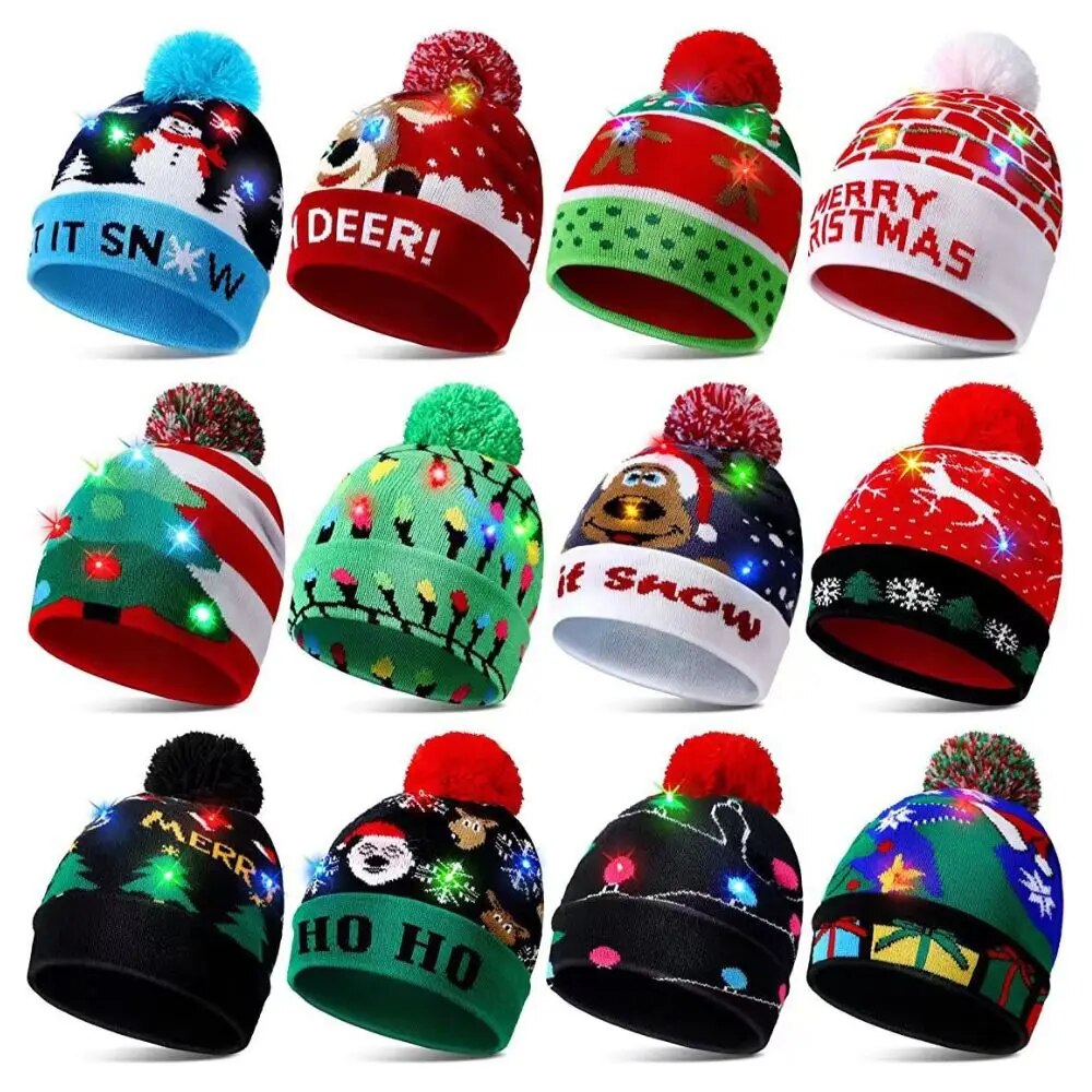 New Year LED Christmas Hat Sweater Knitted Beanie Xmas Light Up Gift For Kids Decorations A14