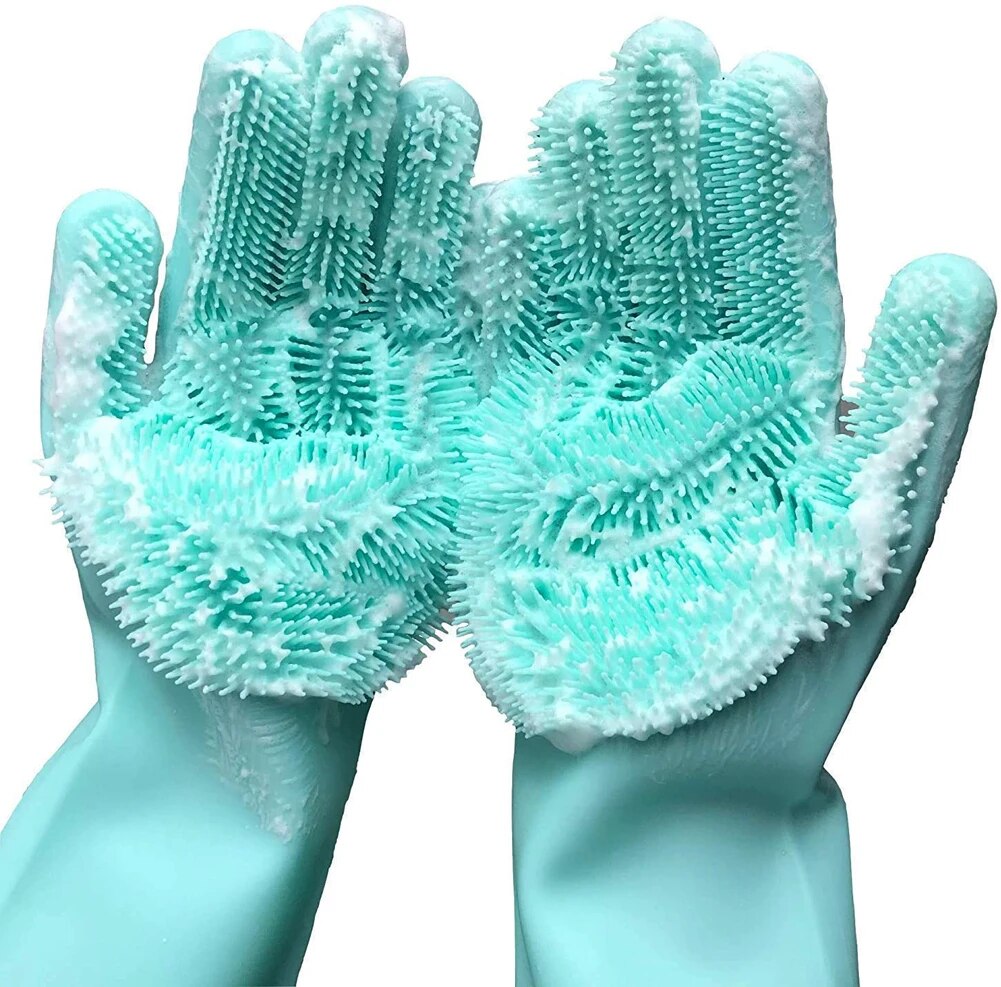 Magic Silicone Rubber Dishwashing Gloves: Household Sponge Scrubber For Kitchen Cleaning GREEN