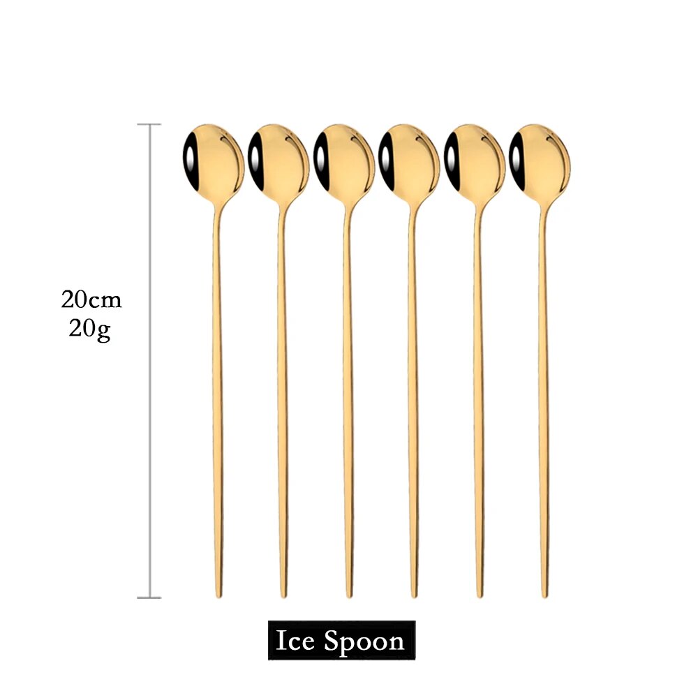 6Pcs Gold Cutlery Set: Coffee, Tea, Juice Spoons Long Handle Scoops For Ice Cream Kitchen Tableware Tools 6Pcs Gold