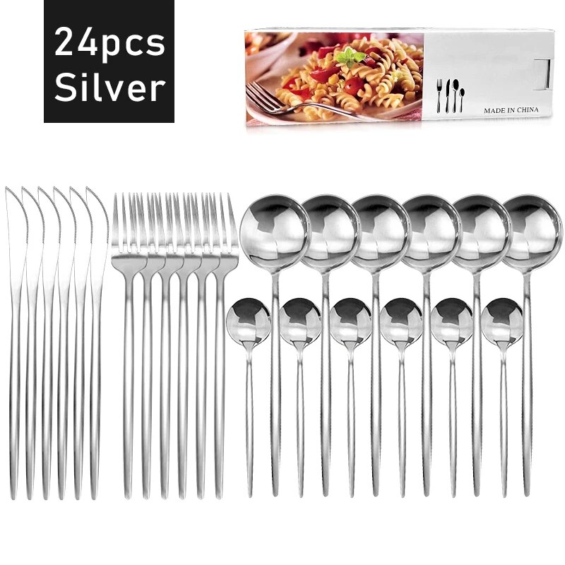 24 Piece Gold Stainless Steel Dinnerware Set Flatware Cutlery Set With Knife, Fork, Spoon, And Tea Spoon Silver
